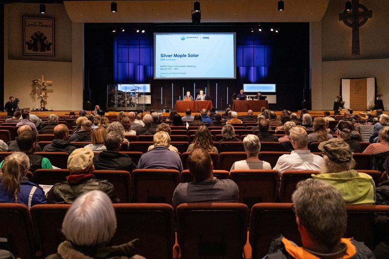 Zeeland area residents gather to hear details about RWE’s proposed solar development Tuesday, March 17, at Evergreen Ministries in Hudsonville.