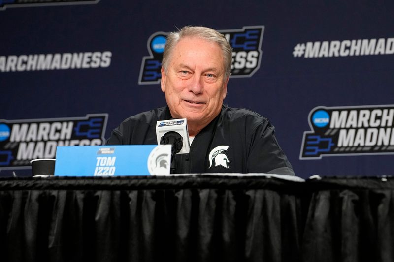 Mar 18, 2026; Buffalo, NY, USA; Michigan State Spartans Head Coach Tom Izzo answers questions during a press conference prior to a practice session ahead of the first round of the men's 2026 NCAA Tournament at Keybank Center. Mandatory Credit: Gregory Fisher-Imagn Images