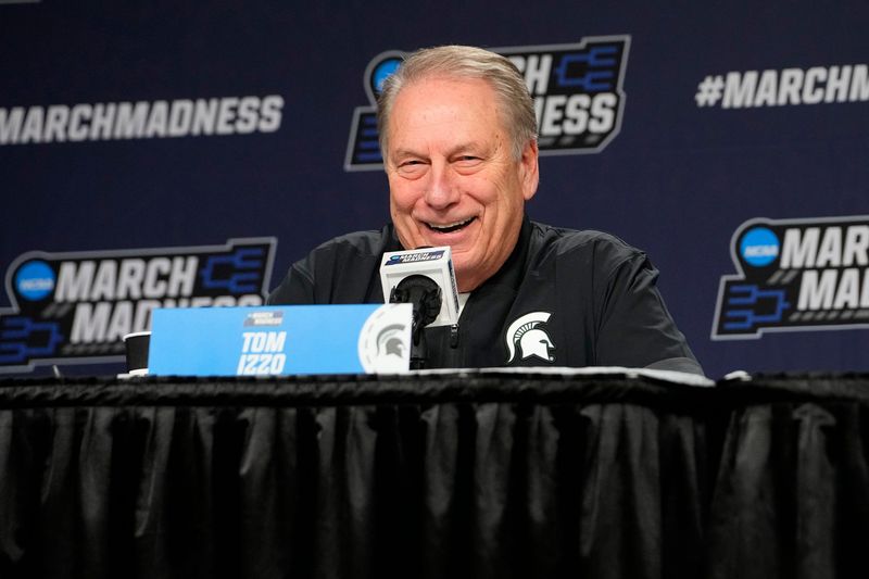 Mar 18, 2026; Buffalo, NY, USA; Michigan State Spartans Head Coach Tom Izzo answers questions during a press conference prior to a practice session ahead of the first round of the men's 2026 NCAA Tournament at Keybank Center. Mandatory Credit: Gregory Fisher-Imagn Images
