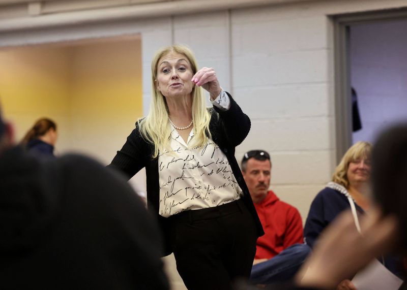 Hazel Park Schools Superintendent Amy Wilcox talks at a "coffee with the superintendent" gathering at the Longfellow Community Center on Tuesday, March 17, 2026, after the school board on Monday voted 4-3 to try to buy out her contract.