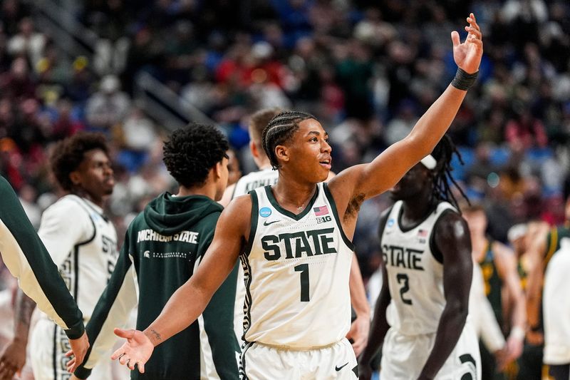 Michigan State guard Jeremy Fears Jr. (1) celebrates a play against North Dakota State during the first half of NCAA Tournament First Round at KeyBank Center in Buffalo on Thursday, March 19, 2026.