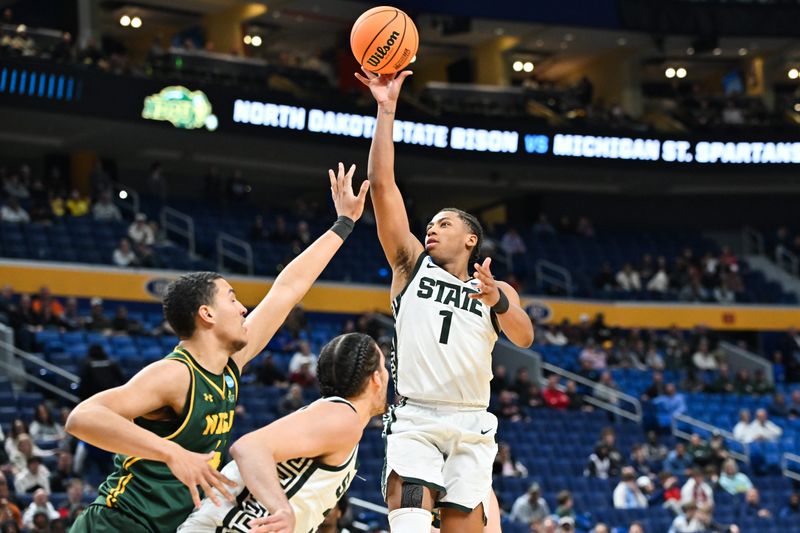 Mar 19, 2026; Buffalo, NY, USA; Michigan State Spartans guard Jeremy Fears Jr. (1) takes a shot during the second half against the North Dakota State Bison during a first round game of the men's 2026 NCAA Tournament at Keybank Center. Mandatory Credit: Mark Konezny-Imagn Images