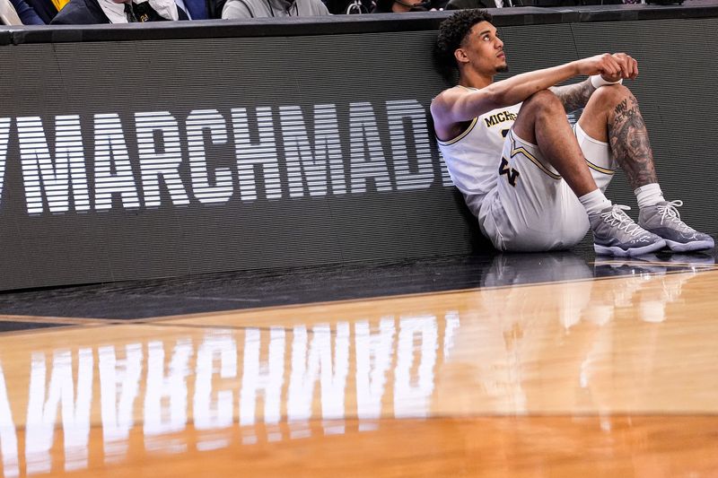 Michigan forward Yaxel Lendeborg (23) looks on during the second half of NCAA Tournament First Round against Howard at KeyBank Center in Buffalo on Thursday, March 19, 2026.