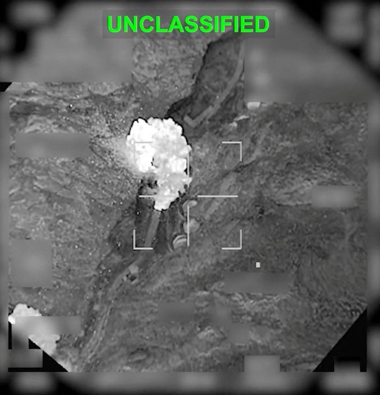 An explosion following a strike on an Iranian facility in Haji Abad, Iran in this still image obtained from a video released by U.S. Central Command (CENTCOM) on March 20, 2026.