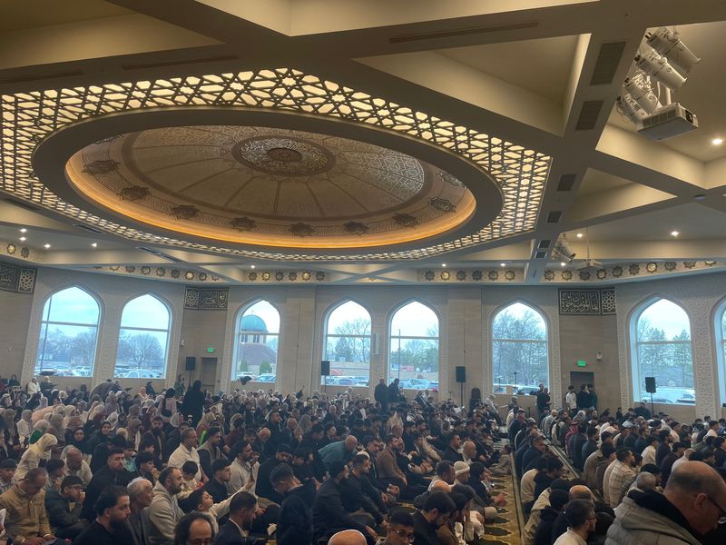 Eid al-Fitr prayers on Friday, March 20, 2026, inside the prayer hall of the new building on Beech Daly Road of the Islamic Institute of America in Dearborn Heights. This was the first-ever Eid prayers at this location.