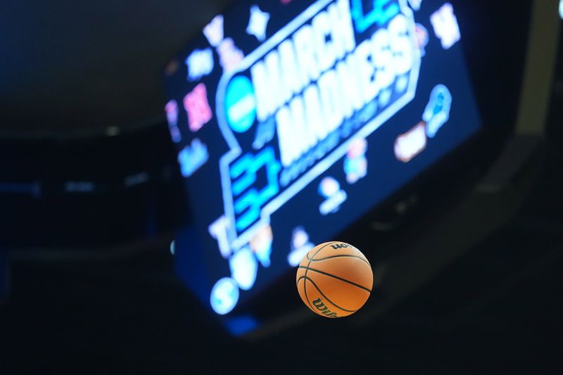 A Wilson Evo NXT basketball with March Madness logo during a practice session ahead of the first round of the men's 2026 NCAA Tournament at Viejas Arena on March 19, 2026 in San Diego.
