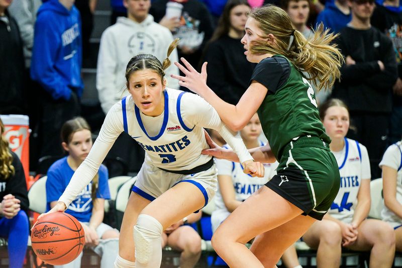 Ishpeming's Jenessa Eagle dribbles down the court while Portland St. Patrick's Macie Smith guards her during Ishpeming’s 48-28 Div. 4 state final victory on Saturday, March 21, 2026 at the Breslin Center in East Lansing.