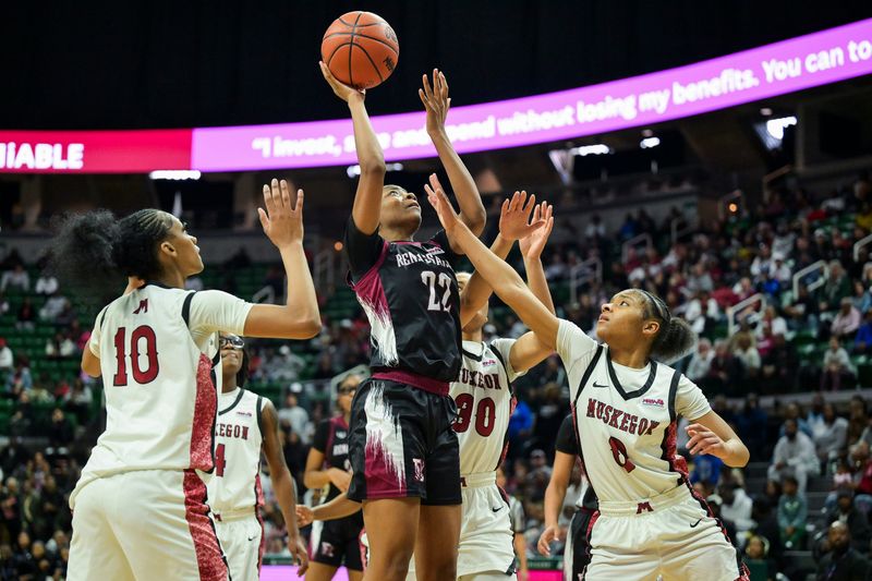Detroit Renaissance's Jaebri-an Autry takes a shot while Muskegon's Antanique Sargent guards her during Muskegon’s 34-29 Division 1 state final victory on Saturday, March 21, 2026 at the Breslin Center in East Lansing.