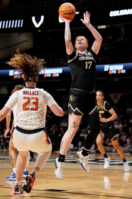 Colorado forward Tabitha Betson (17) shoots past Illinois forward Berry Wallace (23) during the first half in the first round of the NCAA college basketball tournament at Memorial Gym in Nashville, Tenn., Saturday, March 21, 2026.