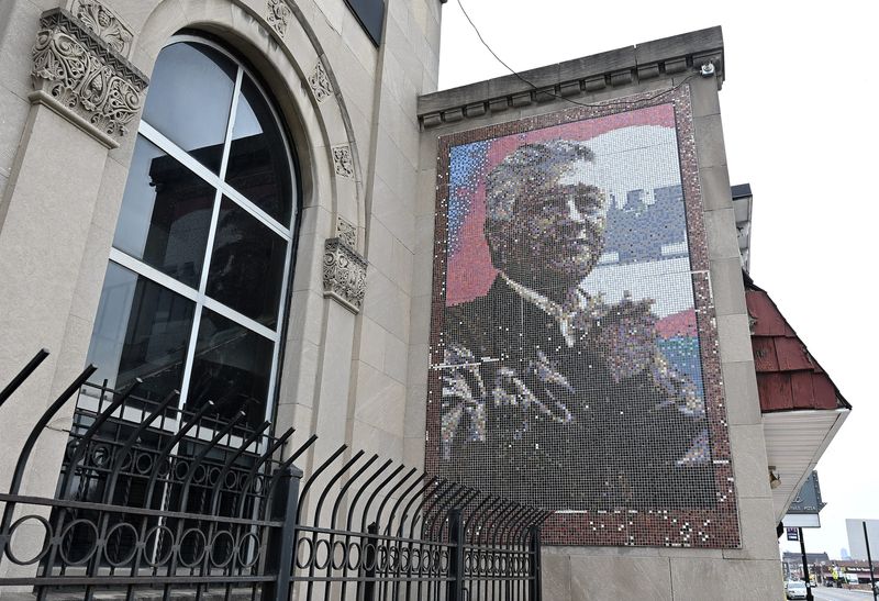 A tile mosaic of Cesar Chavez is next door to LA SED on Vernor Highway in Detroit on Mar. 22, 2026. Cesario Estrada "Cesar" Chavez was an American labor unionist and political activist.