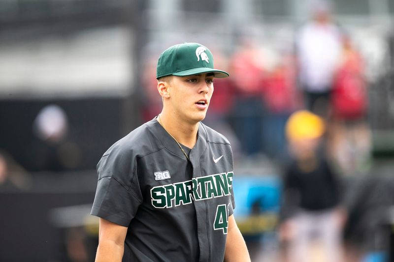 Michigan State's Nolan Higgins (41) heads to the dugout after closing out an inning during a NCAA Big Ten Conference baseball game against Iowa, Saturday, May 13, 2023, at Duane Banks Field in Iowa City, Iowa.