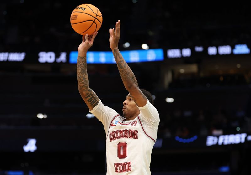 Mar 22, 2026; Tampa, FL, USA; Alabama Crimson Tide guard Labaron Philon (0) shoots the ball against the Texas Tech Red Raiders in the first half during a second round game of the men's 2026 NCAA Tournament at Benchmark International Arena.