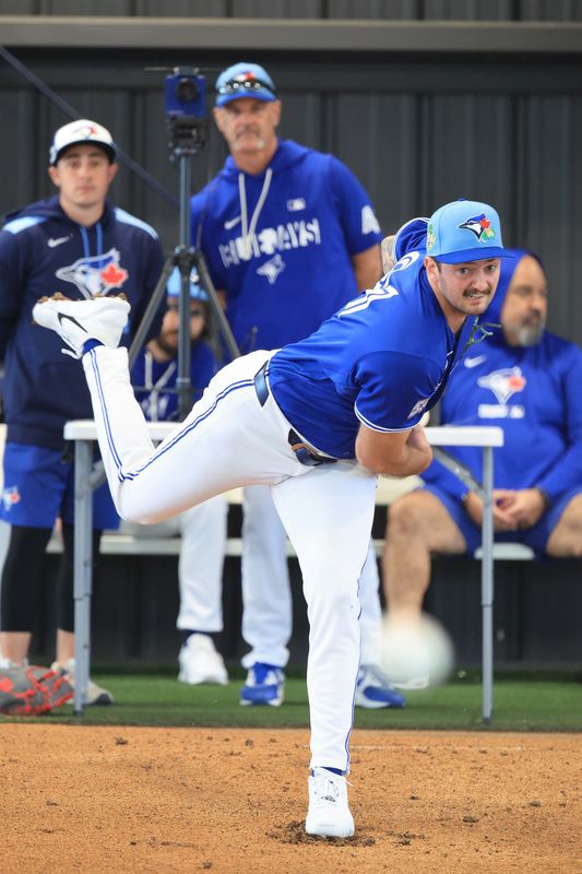 Toronto Blue Jays pitcher Connor Seabold (91) throws a bullpen session for spring training practice at Blue Jays Player Development Complex in Dunedin, Florida, on Feb. 11, 2026.