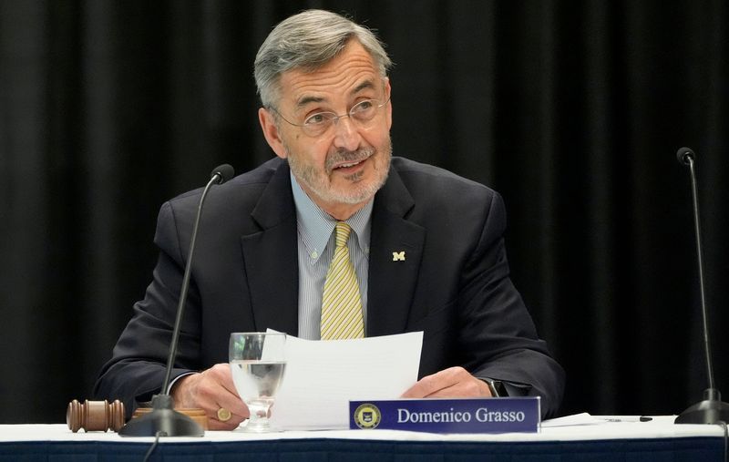 Domenico Grasso, the interim president at the University of Michigan Ann Arbor talks with the Board of Regents at his first meeting with them at the Fairlane Center South Building on the campus of the University of Michigan Dearborn on Thursday, May 15, 2025.