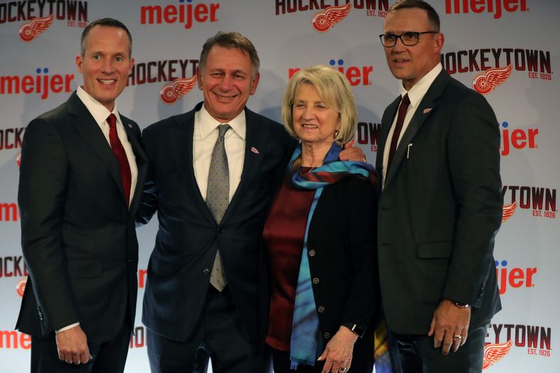 Christopher Ilitch, Ken Holland, Marian Ilitch and new Detroit Red Wings GM Steve Yzerman after the press conference Friday, April 19, 2019 at Little Caesars Arena in Detroit, Mich.