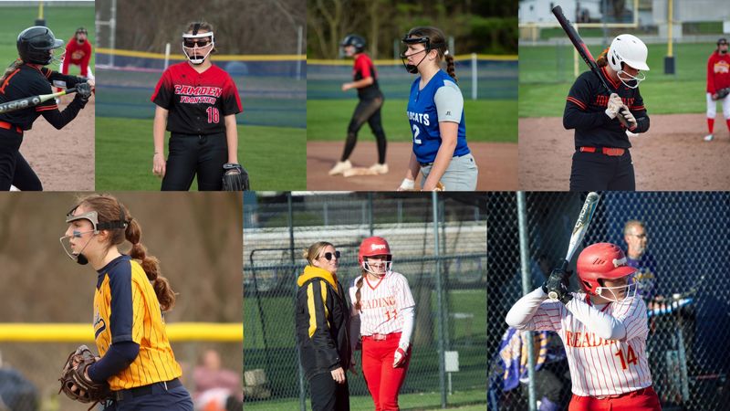 Some of Hillsdale County's top softball returners include (left to right) Grace Soltis, Regan Schaedler, Laura LeMar, Bryn Rusk, Kherington Ladd, Leah Headley and Jordyn Mapes.