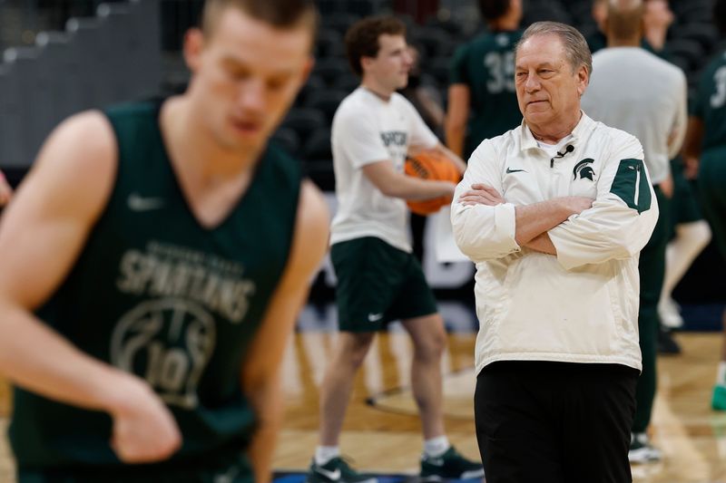 Mar 26, 2026; Washington, DC, USA; Michigan State Spartans head coach Tom Izzo looks on during a practice session ahead of the east regional of the men's 2026 NCAA Tournament at Capital One Arena. Mandatory Credit: Geoff Burke-Imagn Images