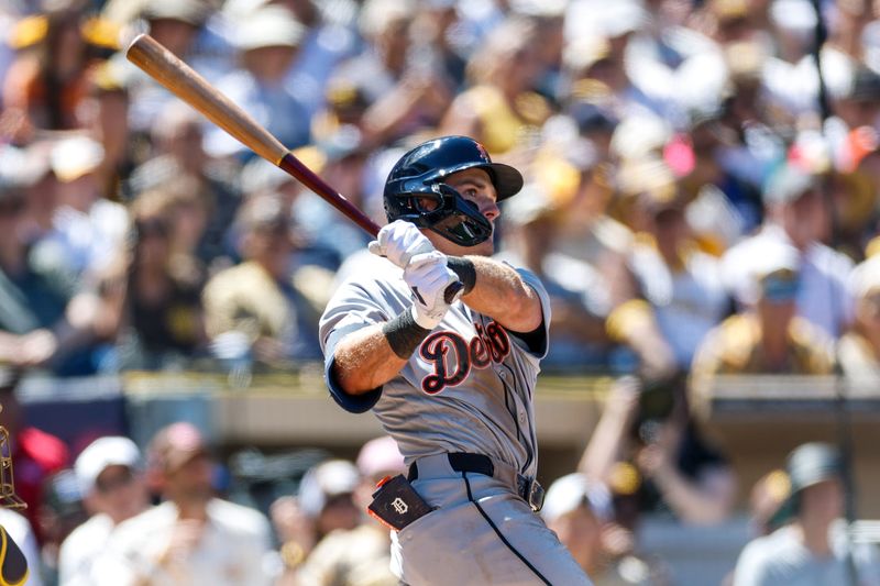 Detroit Tigers third baseman Kevin McGonigle (7) hits a double during the third inning against the San Diego Padres at Petco Park in San Diego on Thursday, March 26, 2026.