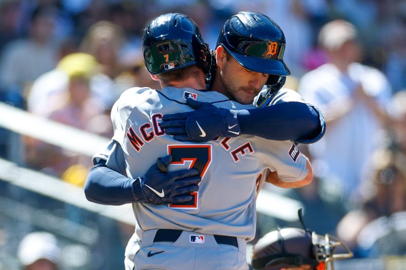 Detroit Tigers catcher Dillon Dingler (13) celebrates with third baseman Kevin McGonigle (7) after hitting a two-run home run during the fifth inning against the San Diego Padres at Petco Park in San Diego on Thursday, March 26, 2026.