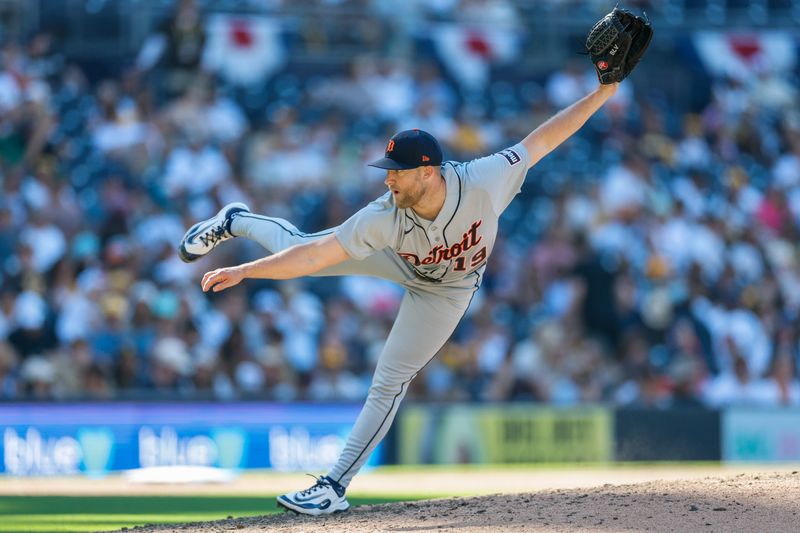 Detroit Tigers relief pitcher Will Vest (19) throws a pitch during the ninth inning against the San Diego Padres at Petco Park in San Diego on Thursday, March 26, 2026.