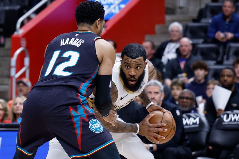 Mar 26, 2026; Detroit, Michigan, USA; New Orleans Pelicans guard Saddiq Bey (41) is defended by Detroit Pistons forward Tobias Harris (12) in the first half at Little Caesars Arena. Mandatory Credit: Rick Osentoski-Imagn Images