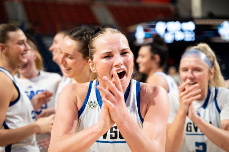 Grand Valley State players celebrate their win in the Division II Final Four on Thursday, March 26, 2026, in Pittsburgh.