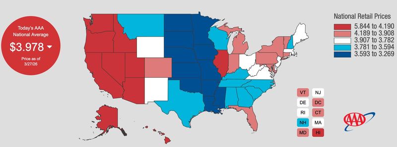 Average national and statewide gas prices in the U.S. on Friday, March 27, 2026.