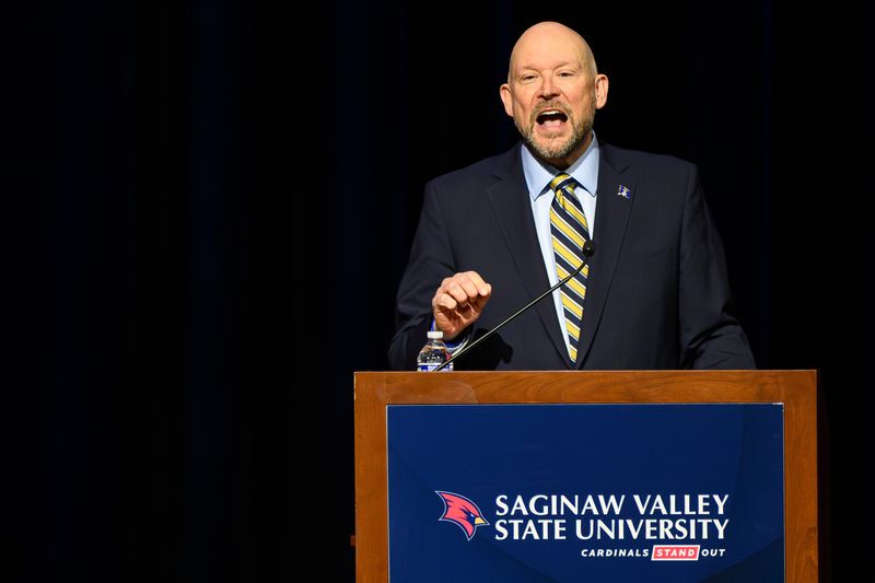 Jason Tunney, Republican candidate for the Michigan State Senate, addresses the audience at the District 35 Candidate Forum on March 24, 2026, in the Malcolm Field Theatre for Performing Arts at Saginaw Valley State University.