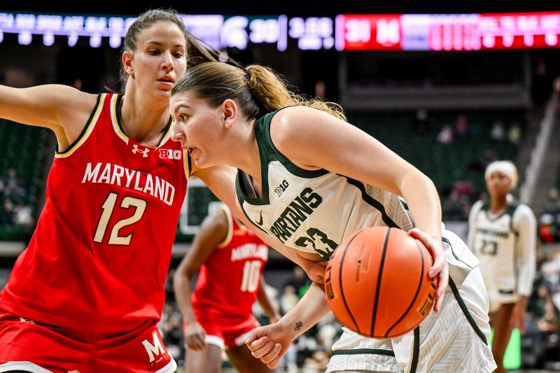 Michigan State's Juliann Woodard, right, moves the ball as Maryland's Yarden Garzon defends during the second quarter on Wednesday, Feb. 4, 2026, at the Breslin Center in East Lansing.