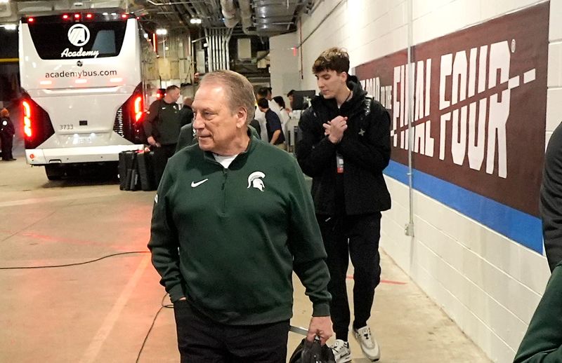 Michigan State basketball coach Tom Izzo arrives off the team bus at 8 pm for their 2026 NCAA Men's Basketball East Regional game against UConn at Capital One Arena in Washington DC on Friday, March 27, 2026.