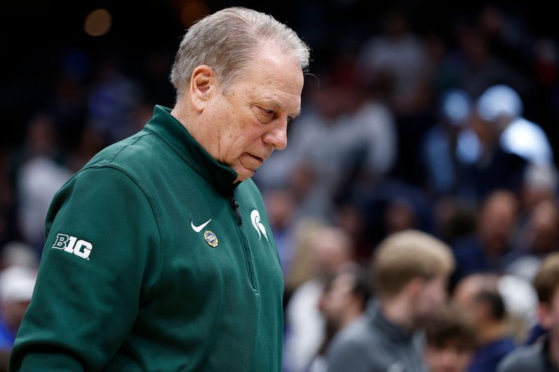 Mar 27, 2026; Washington, DC, USA; Michigan State Spartans head coach Tom Izzo reacts in the first half during a Sweet Sixteen game of the East Regional of the men's 2026 NCAA Tournament at Capital One Arena. Mandatory Credit: Amber Searls-Imagn Images
