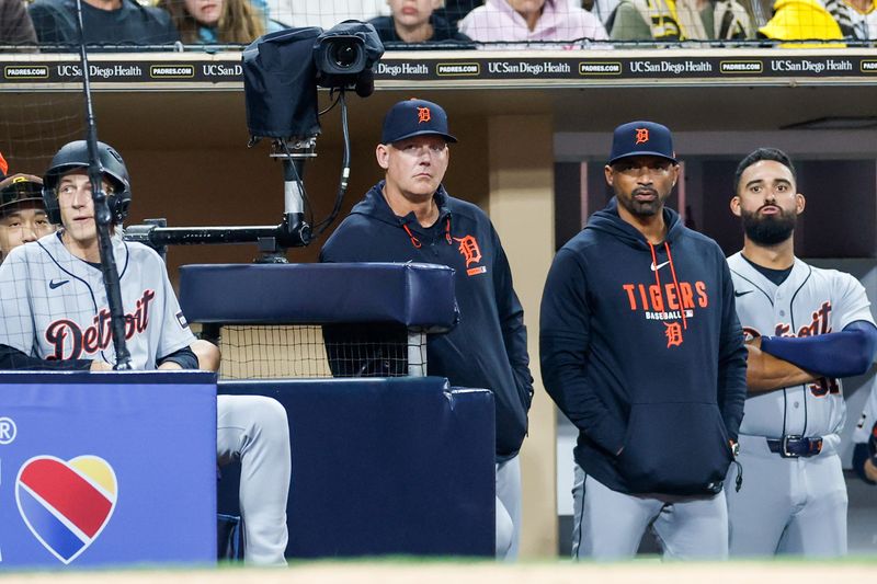 Detroit Tigers manager A.J. Hinch (14) watches play during the fifth inning against the San Diego Padres at Petco Park in San Diego on Friday March 27, 2026.