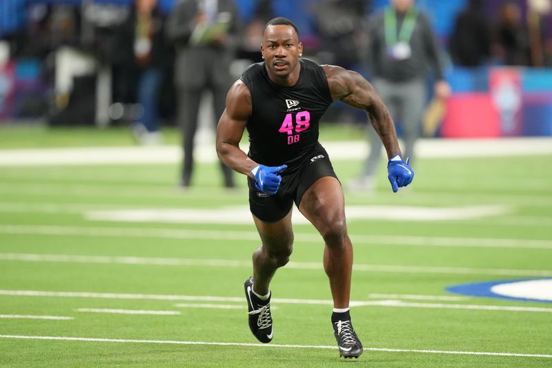 Feb 27, 2026; Indianapolis, IN, USA; Oklahoma defensive back Robert Spears-Jennings (DB48) during the NFL Scouting Combine at Lucas Oil Stadium. Mandatory Credit: Kirby Lee-Imagn Images