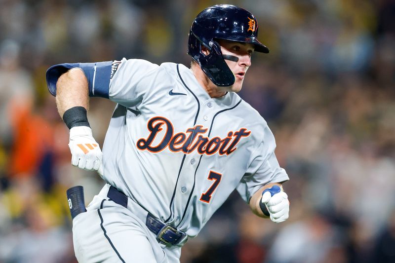 Detroit Tigers third baseman Kevin McGonigle hits a two-run single during the eighth inning against the San Diego Padres at Petco Park, March 27, 2026.