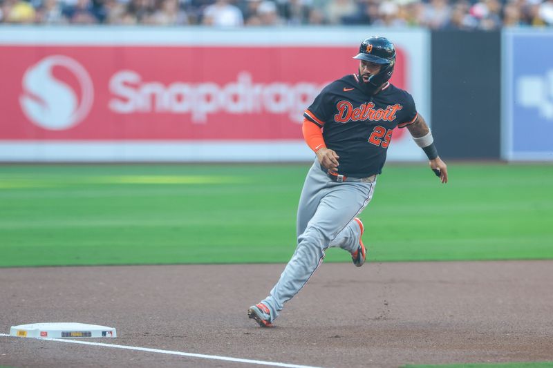Detroit Tigers second baseman Gleyber Torres (25) rounds third base during the first inning against the San Diego Padres at Petco Park in San Diego on Saturday, March 28, 2026.