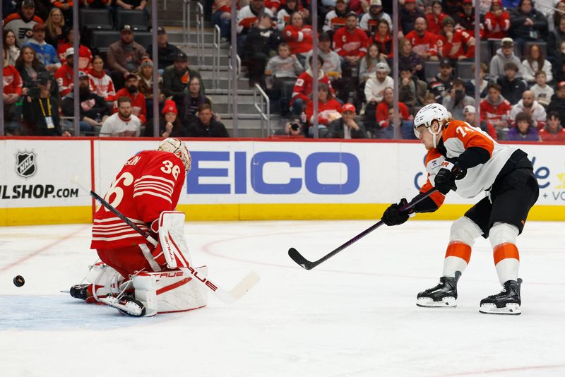 Philadelphia Flyers right wing Owen Tippett (74) takes a shot and scores on Detroit Red Wings goaltender John Gibson (36) in the first period.