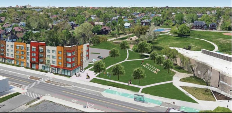 A rendering of the planned housing development, next to the Butzel Family Recreation Center.
