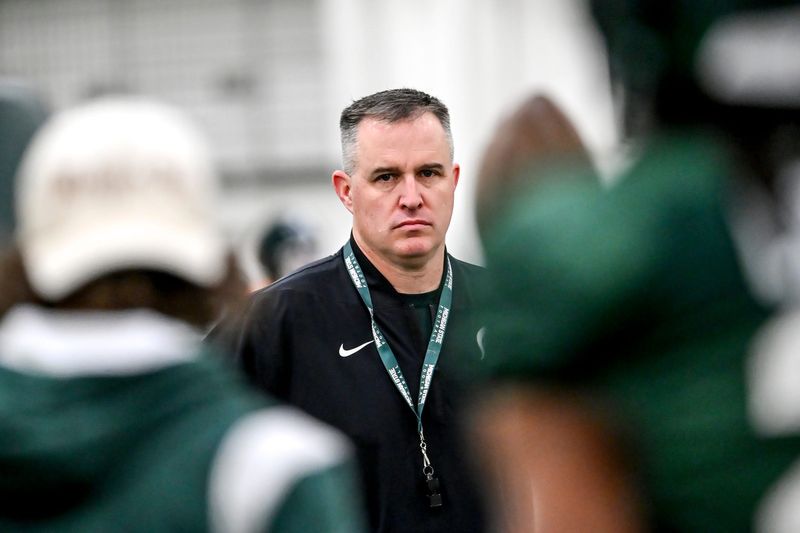 Michigan State's head coach Pat Fitzgerald looks on during spring football practice on Tuesday, March 24, 2026, in East Lansing.