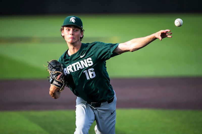 Michigan State's Joseph Dzierwa delivers a pitch during a NCAA Big Ten Conference baseball game against Iowa, Friday, May 12, 2023, at Duane Banks Field in Iowa City, Iowa.