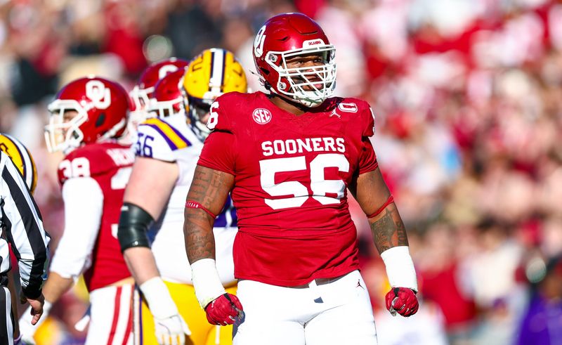 Nov 29, 2025; Norman, Oklahoma, USA; Oklahoma Sooners defensive lineman Gracen Halton (56) reacts during the first half against the Louisiana State Tigers at Gaylord Family-Oklahoma Memorial Stadium. Mandatory Credit: Kevin Jairaj-Imagn Images