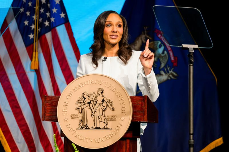 Detroit Mayor Mary Sheffield delivers the State of the City address on Tuesday, March 31, 2026 at Mumford High School in Detroit.