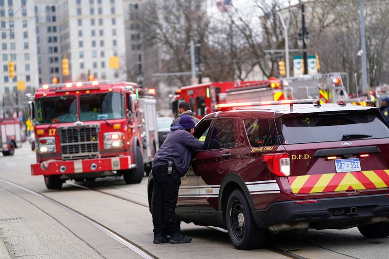 The Detroit fire department responds to a fire at the Maccabees building on the campus of Wayne State University on Wednesday, April 1, 2026