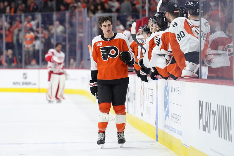 Apr 2, 2026; Philadelphia, Pennsylvania, USA; Philadelphia Flyers right wing Porter Martone (94) celebrates with teammates after assisting a goal against the Detroit Red Wings in the third period at Xfinity Mobile Arena. Mandatory Credit: Kyle Ross-Imagn Images