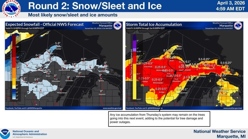 Snow, ice and sleet estimations for Michigan's Upper Peninsula from Friday night, April 3, to Saturday, April 4.