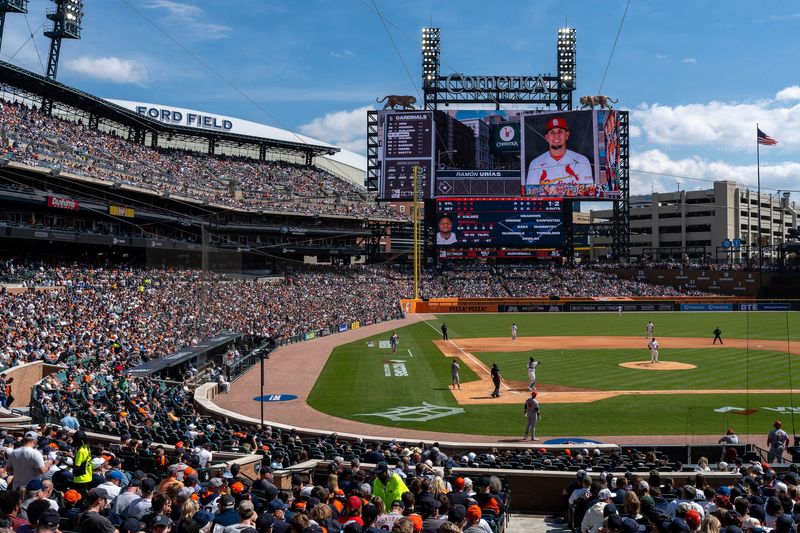 Fans fill the stands during Opening Day as the Detroit Tigers host the St. Louis Cardinals at Comerica Park in Detroit on Friday, April 3, 2026.