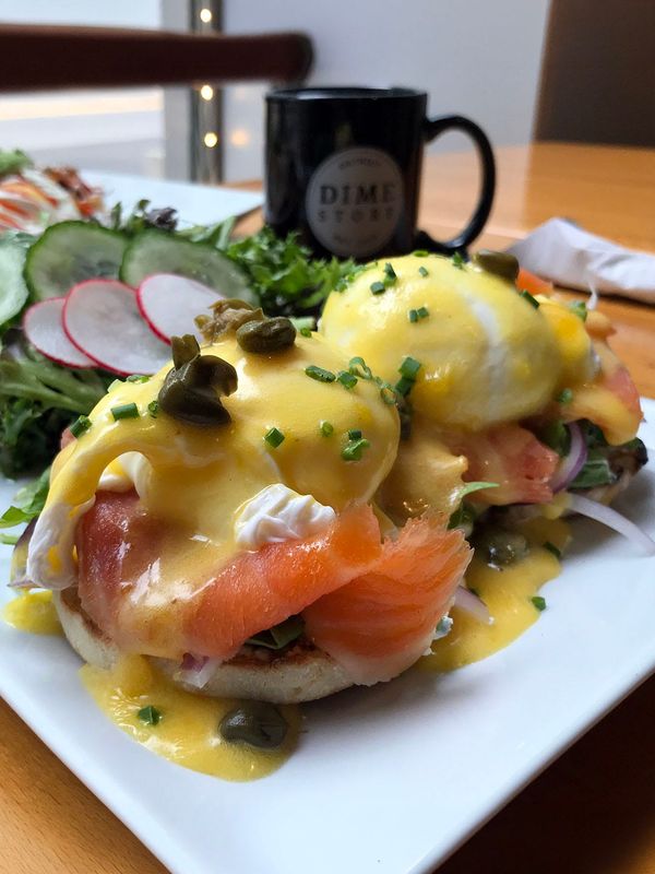 The Dime Store restaurants are noted for breakfast, brunch and lunch dishes, such as the smoked salmon Benny.
