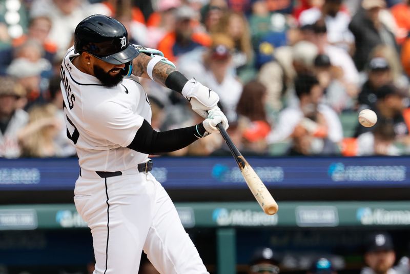 Detroit Tigers second baseman Gleyber Torres (25) hits a single against the St. Louis Cardinals at Comerica Park in Detroit on Saturday, April 4, 2026.