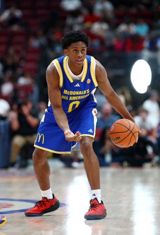 Mar 31, 2026; Glendale, AZ, USA; Brandon McCoy Jr (0) during the McDonalds All American Boys Game at Desert Diamond Arena. Mandatory Credit: Mark J. Rebilas-Imagn Images