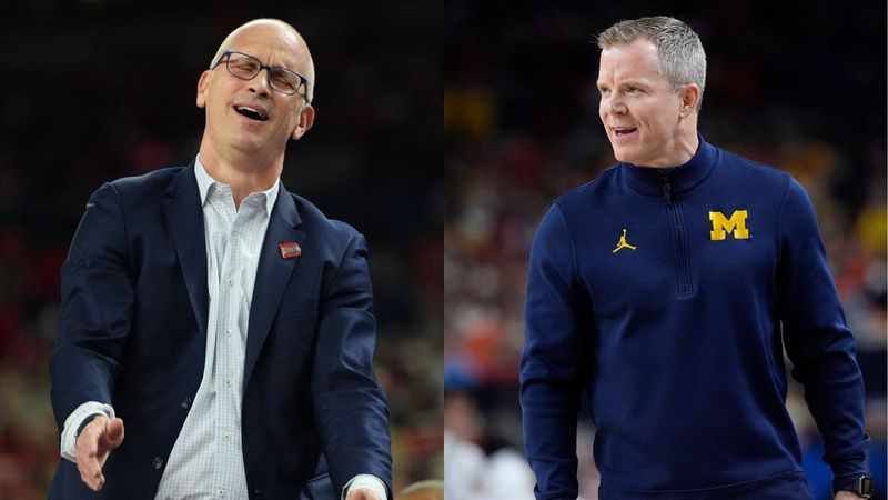 UConn coach Dan Hurley, left, and Michigan coach Dusty May.