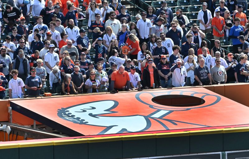 Little Caesars Pizza Glove on top of the bullpens in the outfield at Comerica Park in Detroit, Michigan on April 3, 2026.